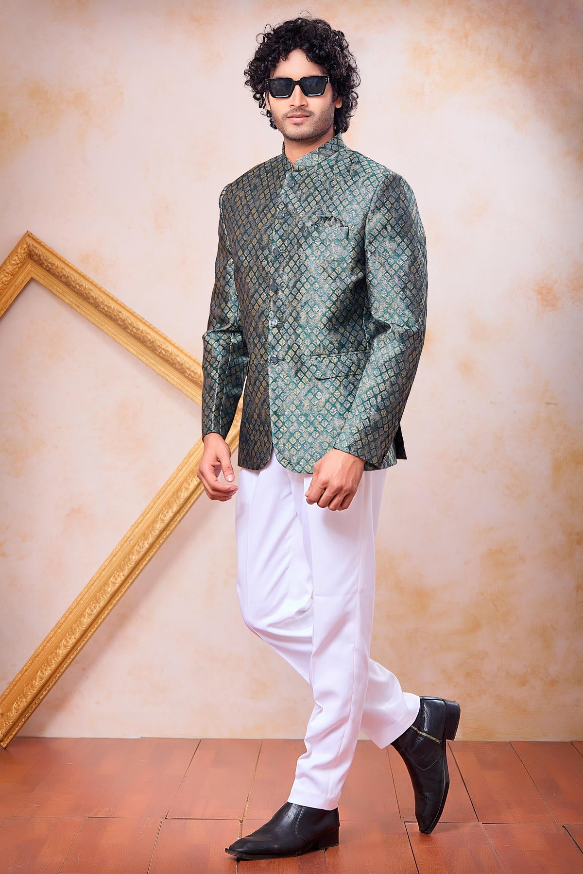 Green Colour Thread Work Embroidery Jacquard Jodhpuri
