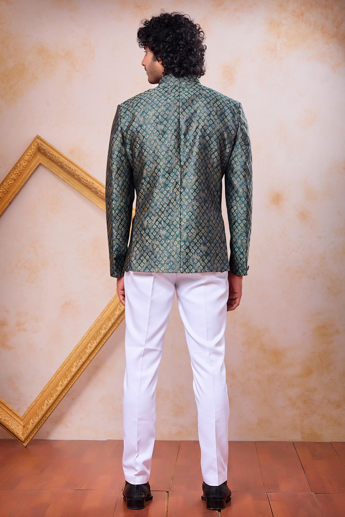 Green Colour Thread Work Embroidery Jacquard Jodhpuri