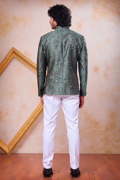 Green Colour Thread Work Embroidery Jacquard Jodhpuri