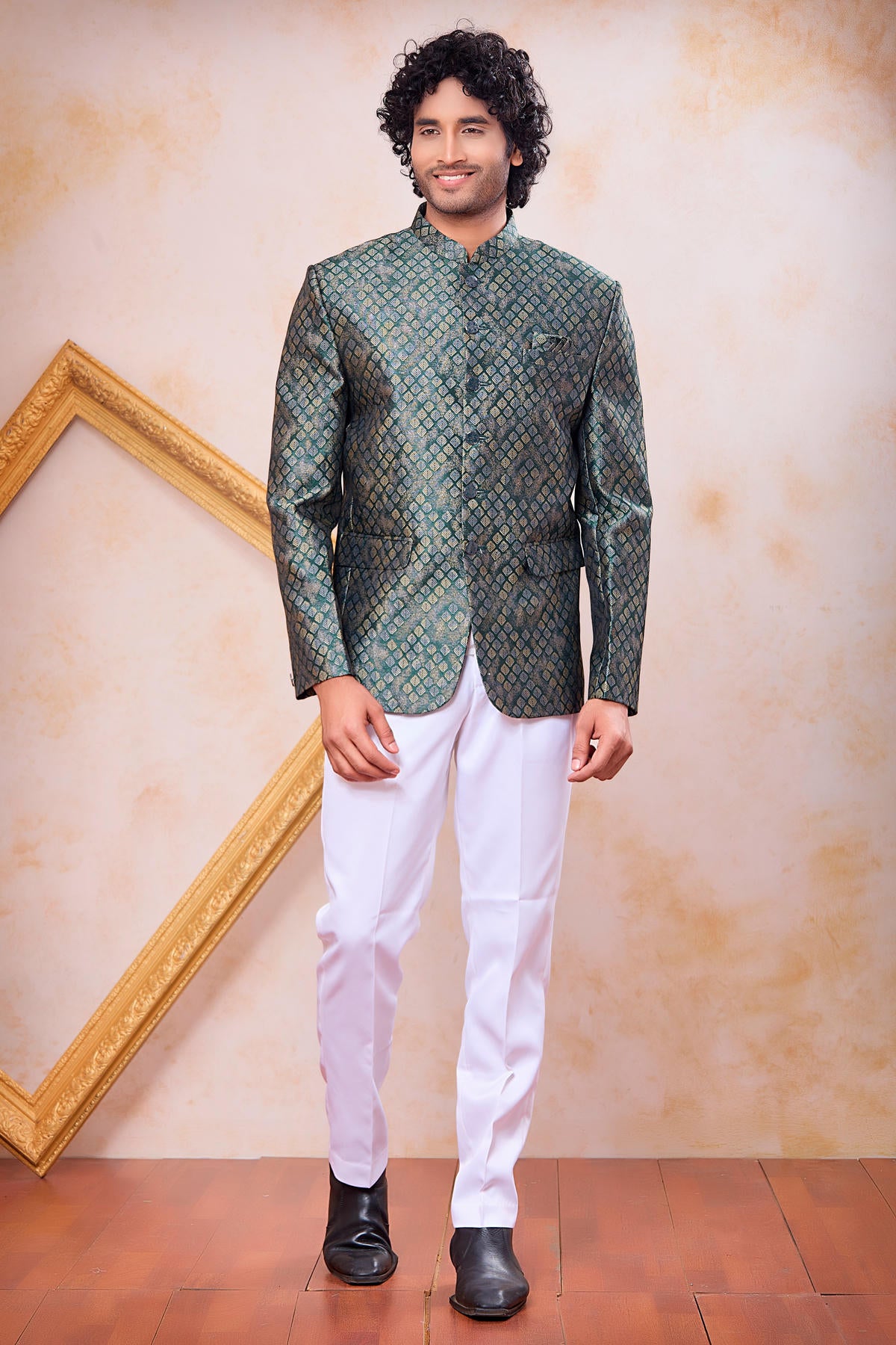 Green Colour Thread Work Embroidery Jacquard Jodhpuri
