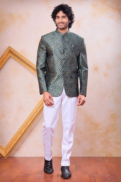 Green Colour Thread Work Embroidery Jacquard Jodhpuri