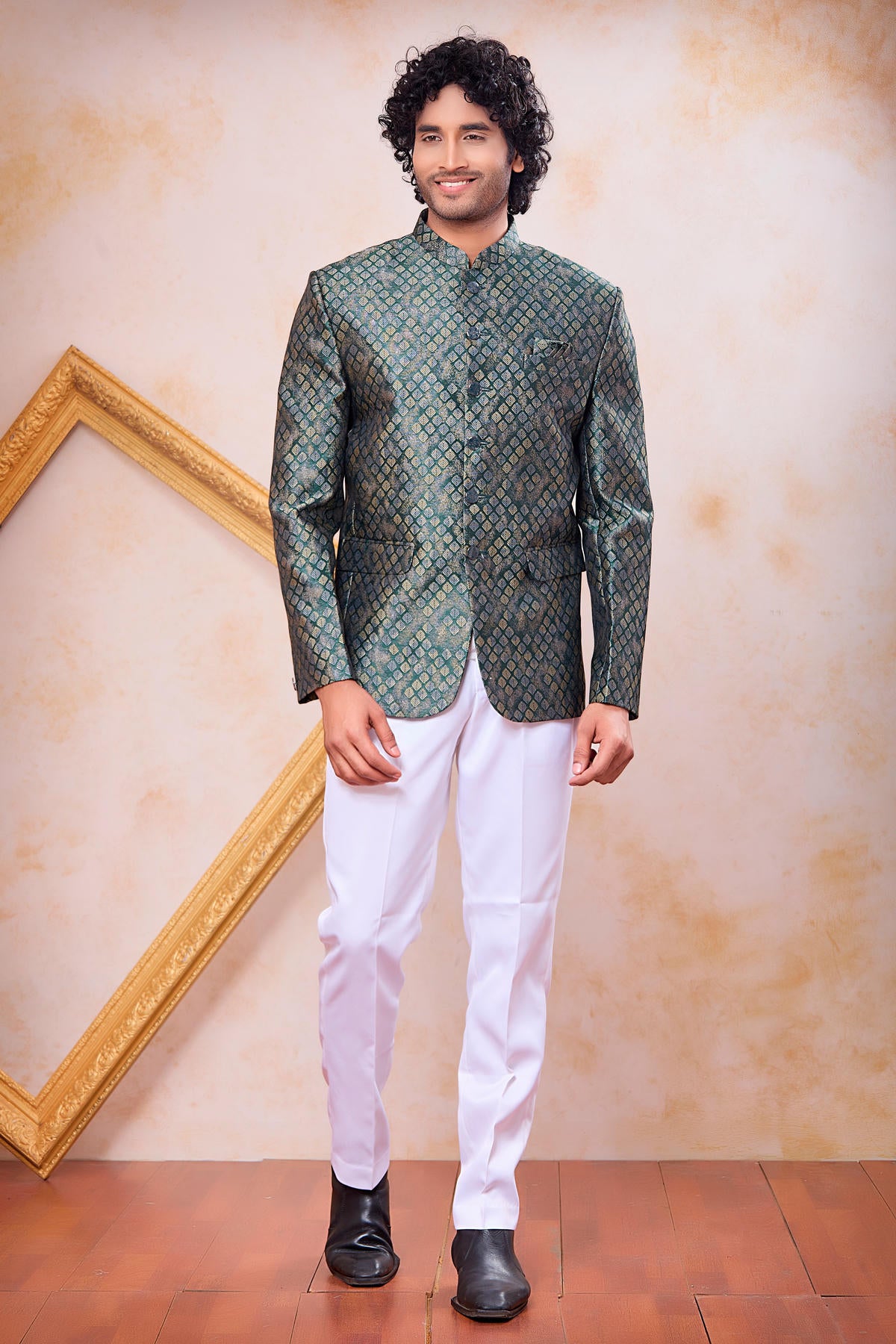 Green Colour Thread Work Embroidery Jacquard Jodhpuri
