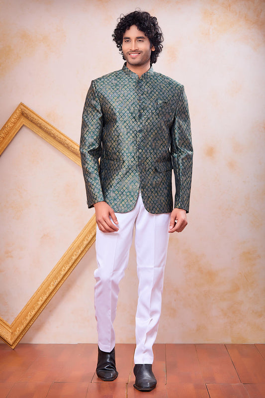 Green Colour Thread Work Embroidery Jacquard Jodhpuri