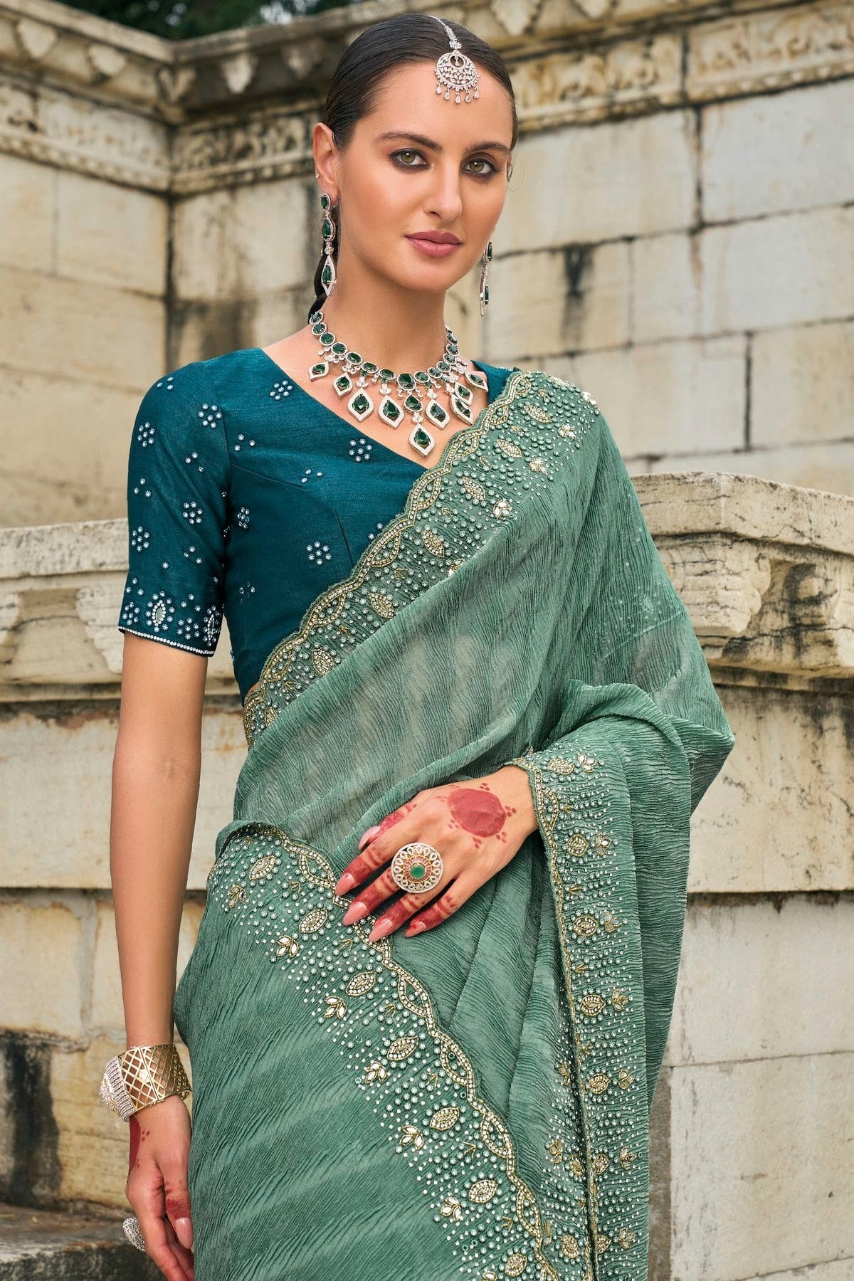 Green Colour Tissue Crush Designer Saree SD1111739 A