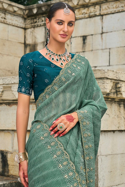Green Colour Tissue Crush Designer Saree SD1111739 A