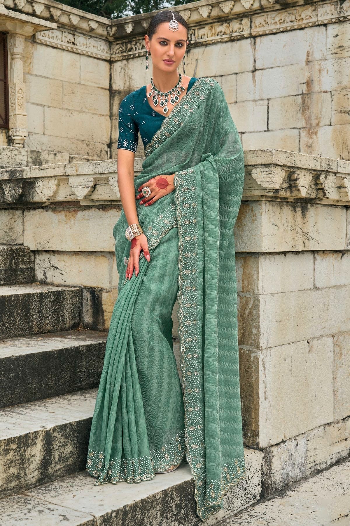 Green Colour Tissue Crush Designer Saree SD1111739