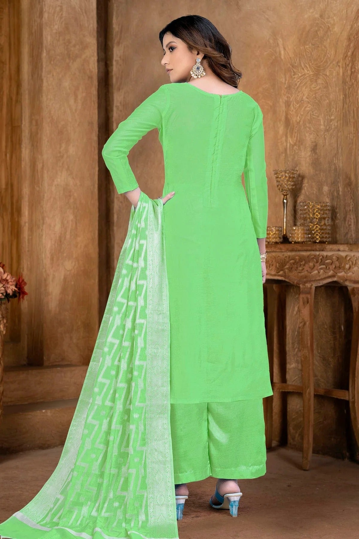 Green Colour Unstitched Banarasi Jacquard Palazoo Pant Suit US1161363 A