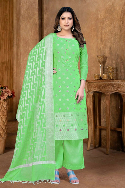 Green Colour Unstitched Banarasi Jacquard Palazoo Pant Suit US1161363