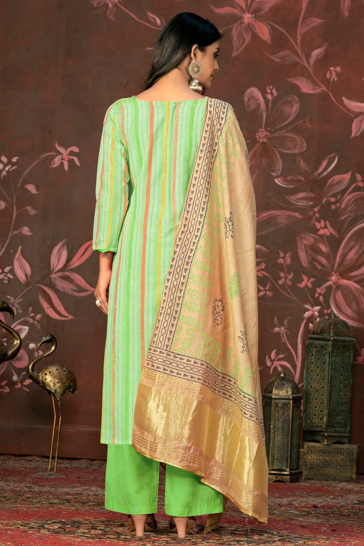 Green Colour Unstitched Cambric Cotton Palazoo Pant Suit US1161307 A