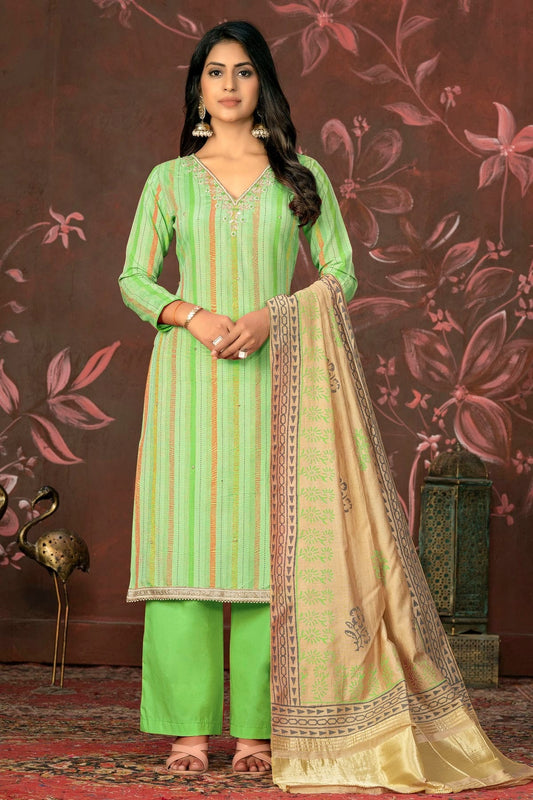 Green Colour Unstitched Cambric Cotton Palazoo Pant Suit US1161307