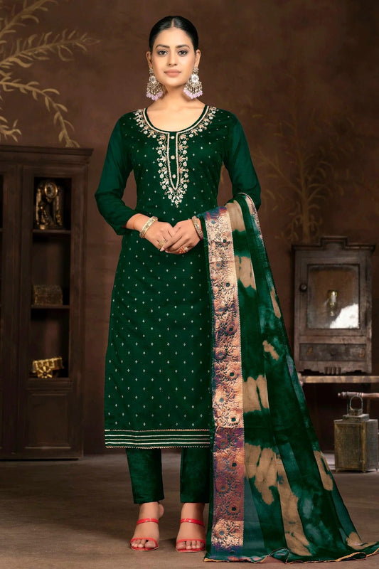 Green Colour Unstitched Cotton Jacquard Pant Style Suit US1161316