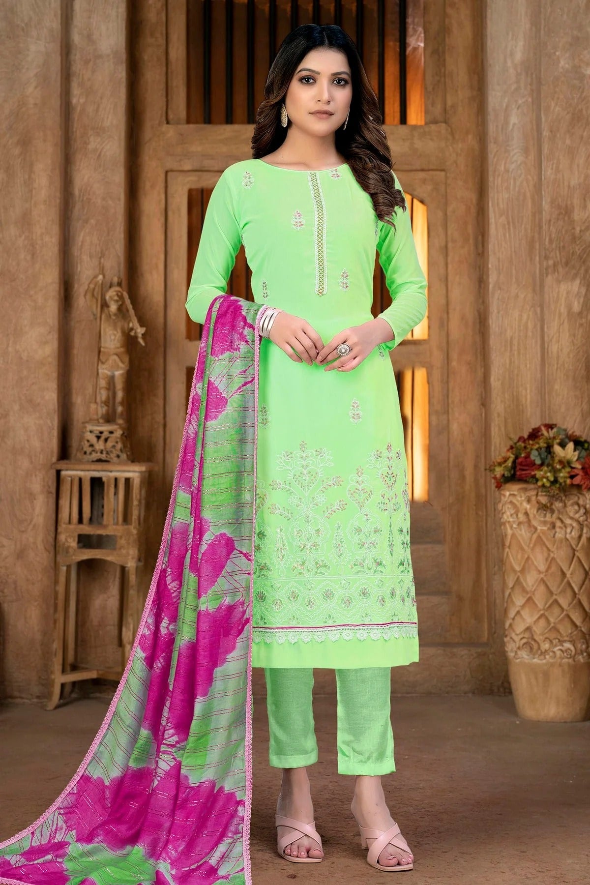 Green Colour Unstitched Georgette Pant Style Suit US1161294