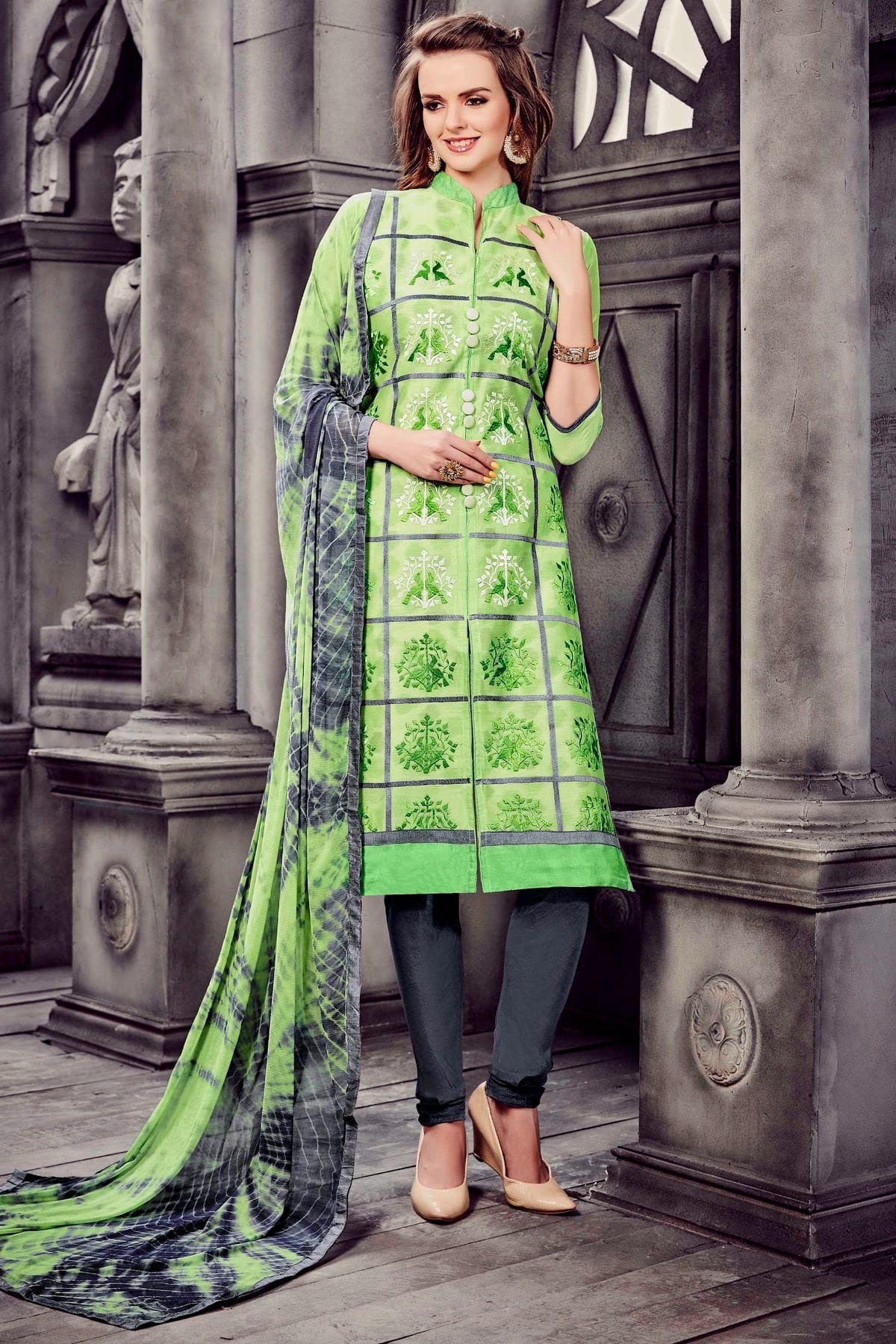 Green Colour Unstitched Glaze Cotton Churidar Suit US1161111