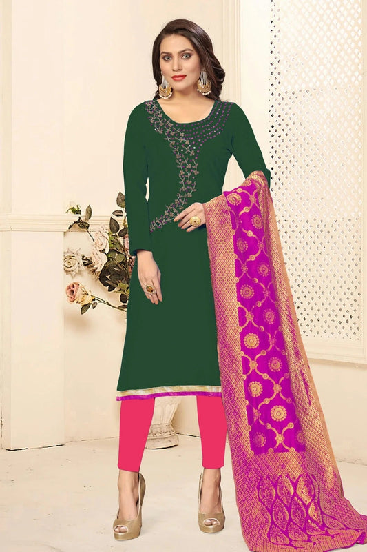 Green Colour Unstitched Jaam Cotton Fabric Straight Suit US1160912