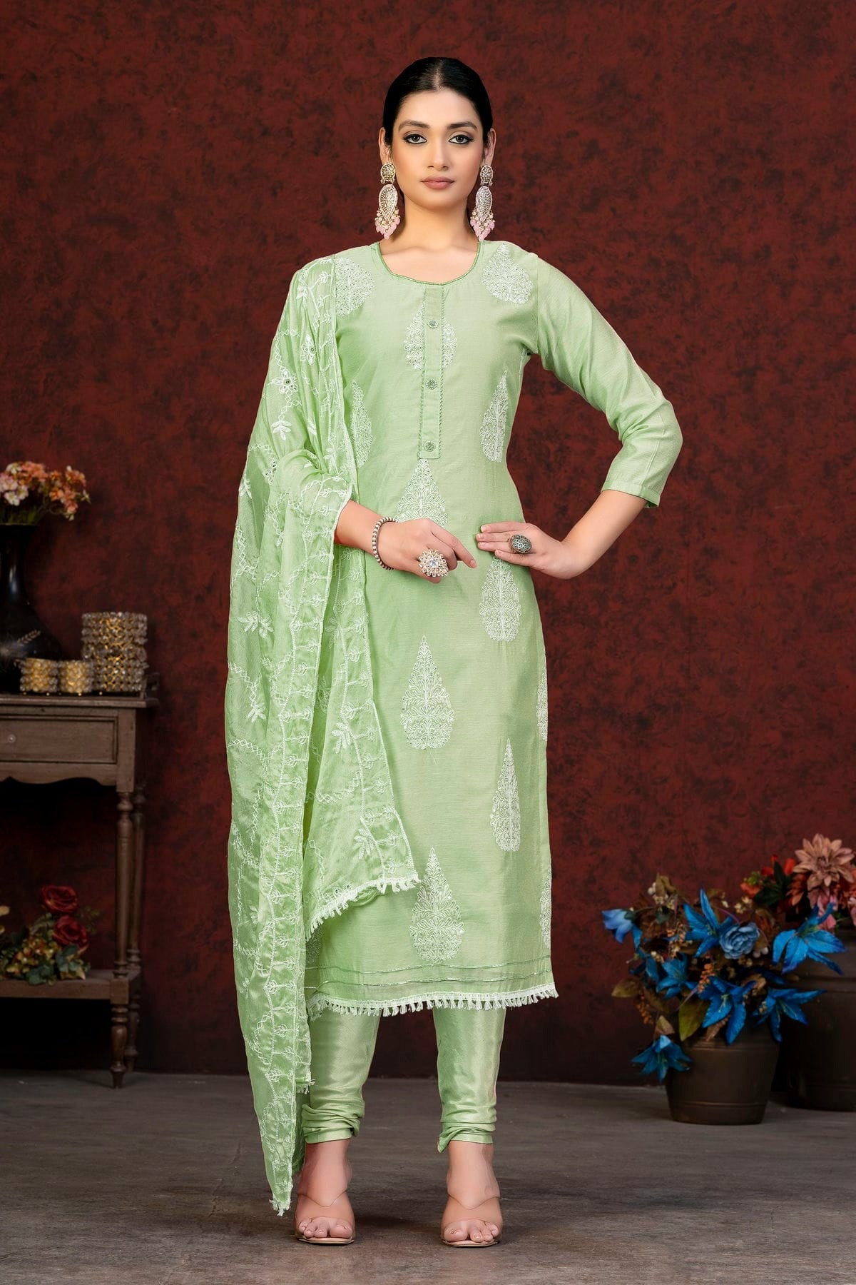 Green Colour Unstitched Modal Chanderi Churidar Suit US1161061