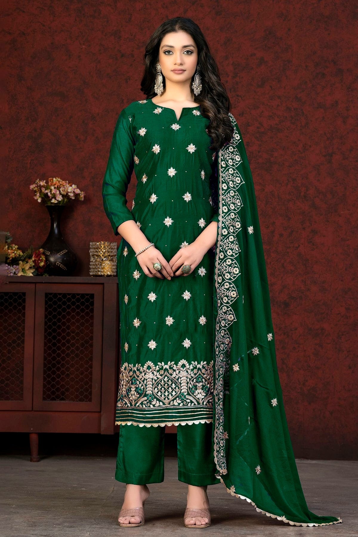 Green Colour Unstitched Modal Chanderi Fabric Straight Suit US1160916