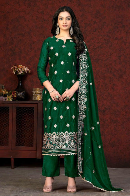 Green Colour Unstitched Modal Chanderi Fabric Straight Suit US1160916