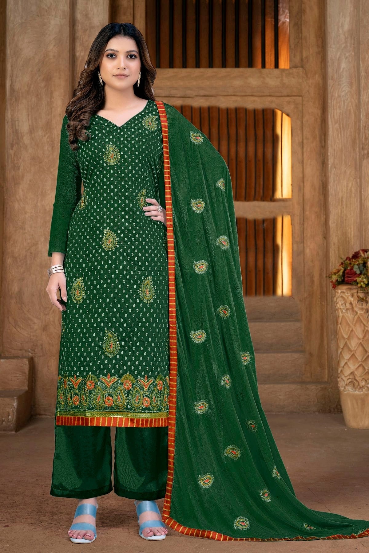 Green Colour Unstitched Modal Chanderi Plazzo Pant Suit US1160860