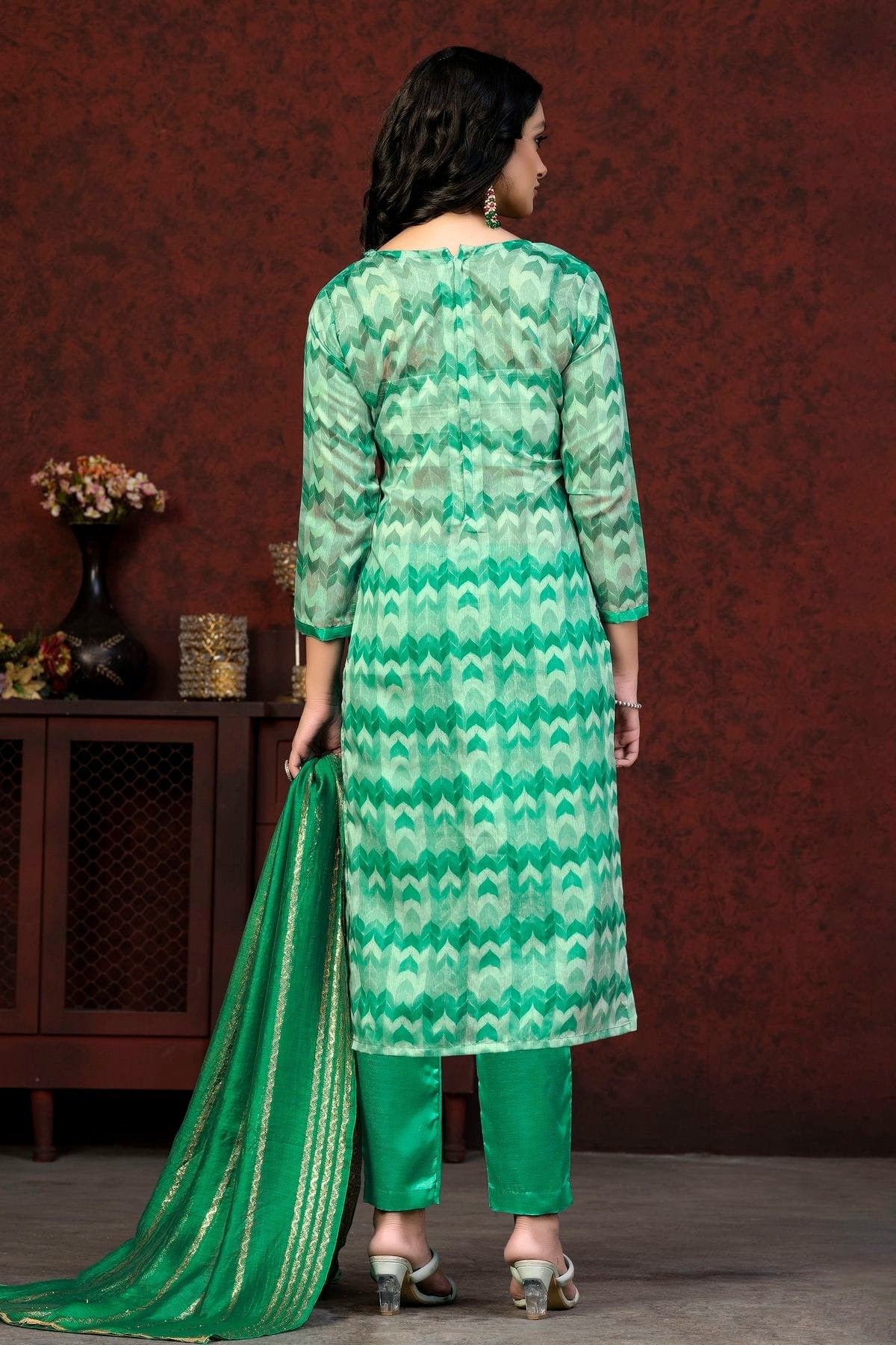 Green Colour Unstitched Modal Cotton Pant Style Suit US1161377 A