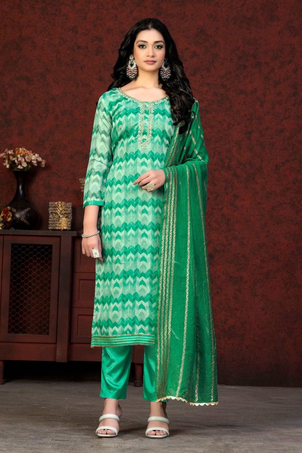 Green Colour Unstitched Modal Cotton Pant Style Suit US1161377