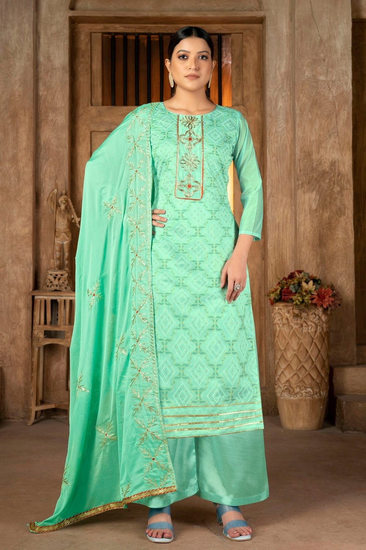 Green Colour Unstitched Modal Cotton Plazzo Pant Suit US1160864