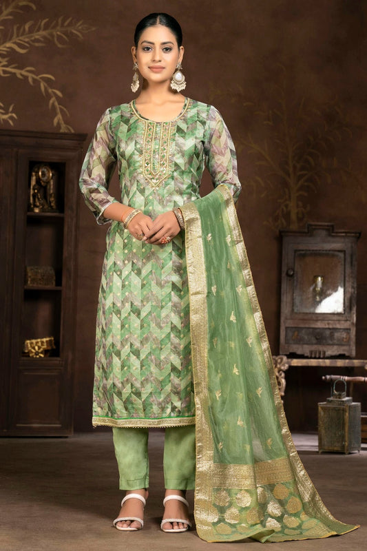 Green Colour Unstitched Organza Jacquard Pant Style Suit US1161329