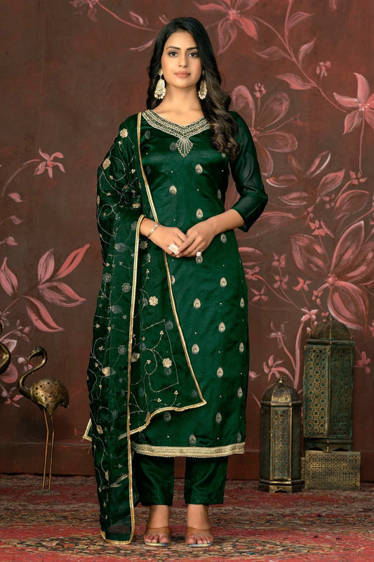 Green Colour Unstitched Organza Jacquard Straight Suit US1161301