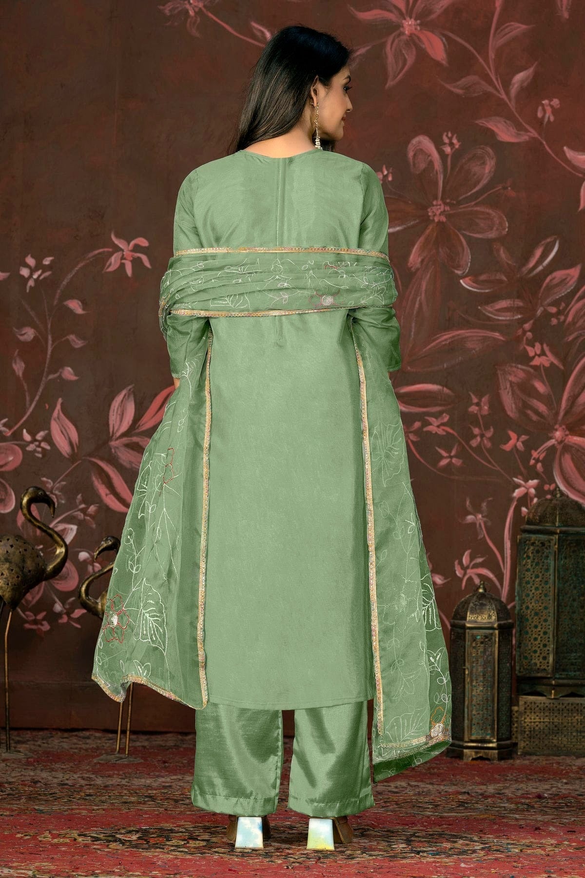 Green Colour Unstitched Organza Jacquard Straight Suit US1161324 A