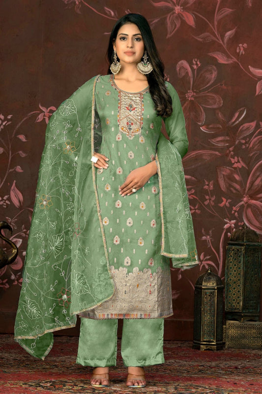 Green Colour Unstitched Organza Jacquard Straight Suit US1161324