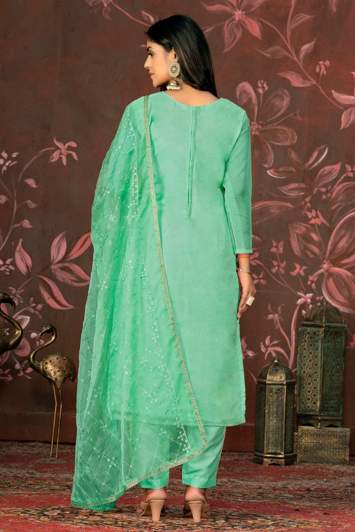Green Colour Unstitched Organza Pant Style Suit US1160846 A