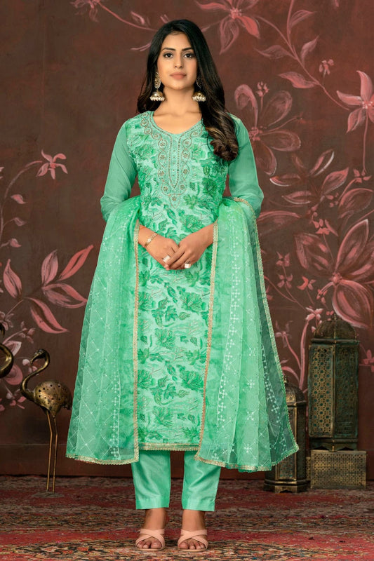 Green Colour Unstitched Organza Pant Style Suit US1160846