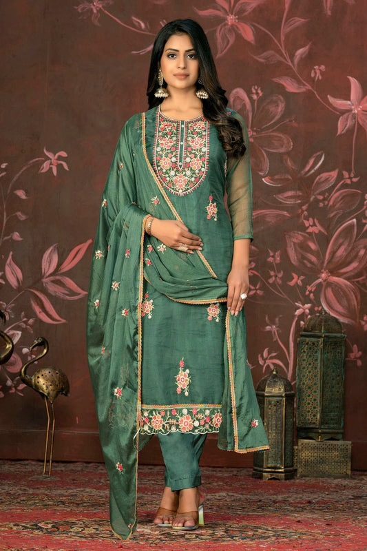 Green Colour Unstitched Organza Pant Style Suit US1161345