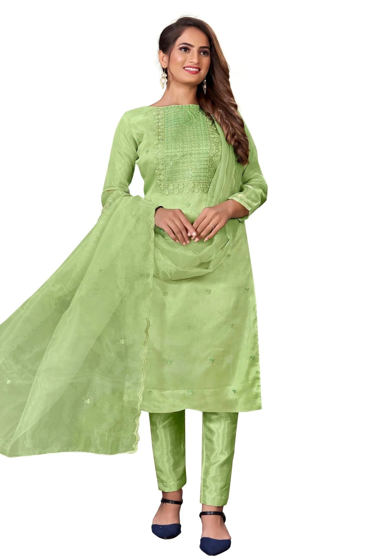 Green Colour Unstitched Organza Straight Suit US1160657