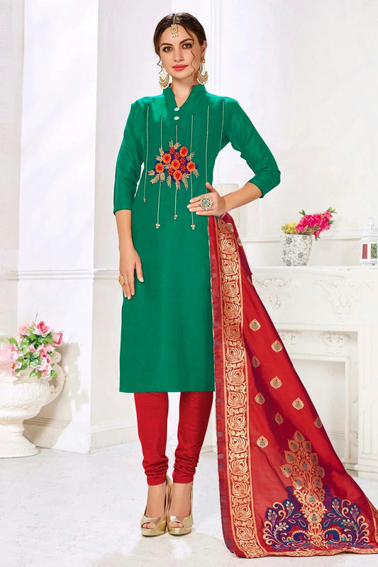 Green Colour Unstitched Slub Cotton Churidar Suit US1161173