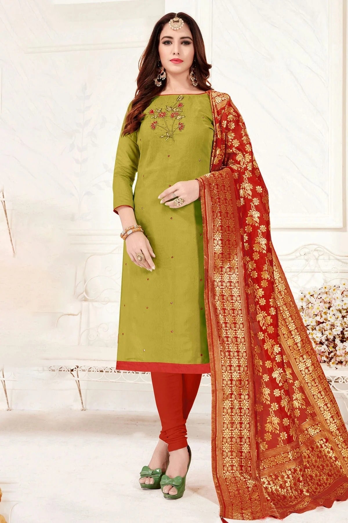 Green Colour Unstitched Slub Cotton Churidar Suit US1161217