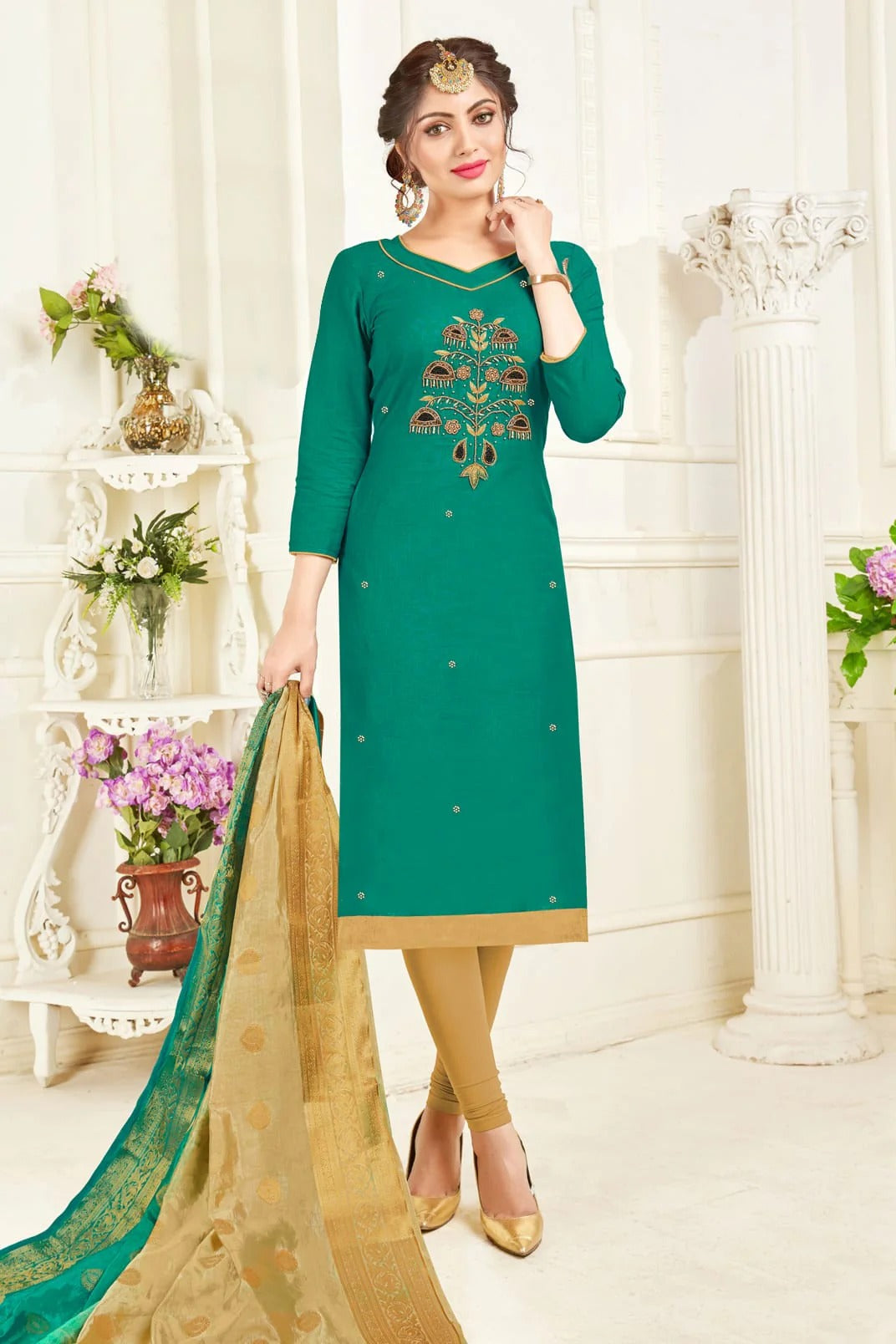 Green Colour Unstitched South Slub Cotton Straight Suit US1161153