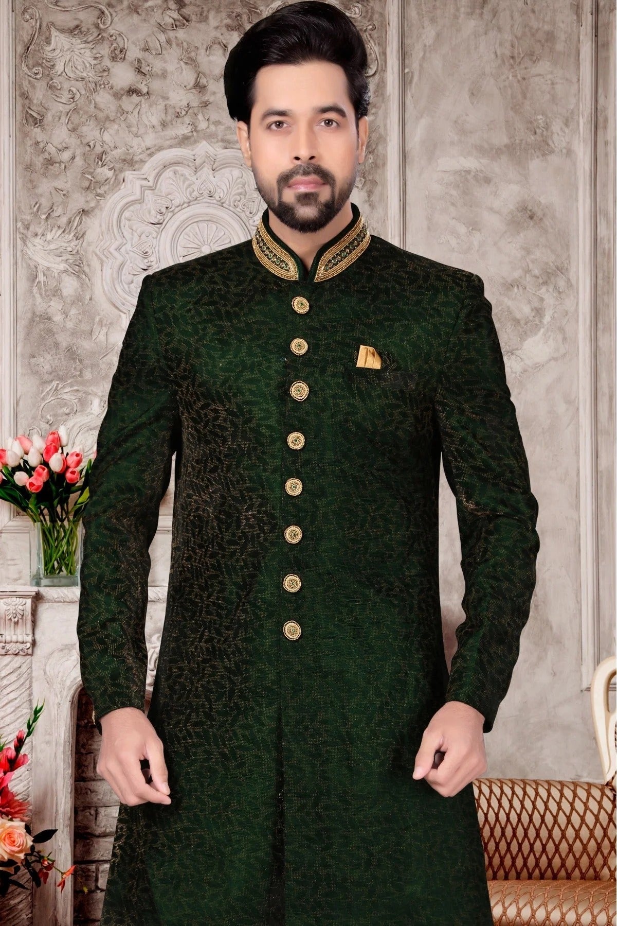 Green Colour Velvet Dhoti Sherwani SH1040295 A