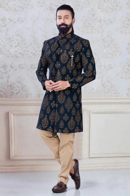 Green Colour Velvet Indo Western Sherwani SH1130040