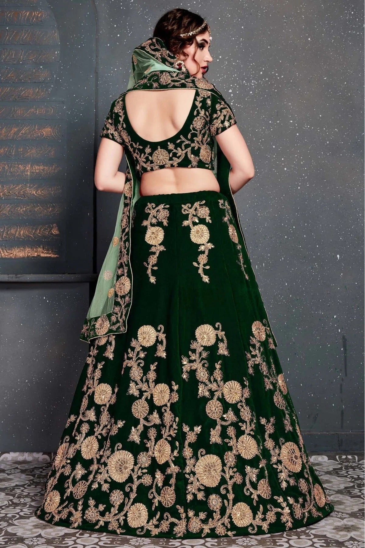 Green Colour Velvet Lehenga Choli LC1010031 A
