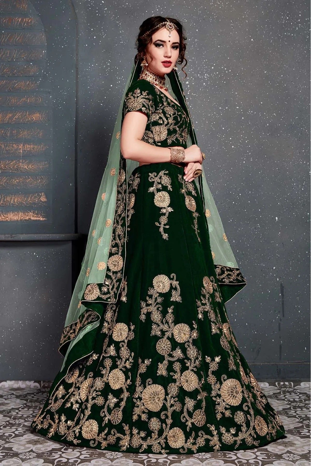 Green Colour Velvet Lehenga Choli LC1010031 C