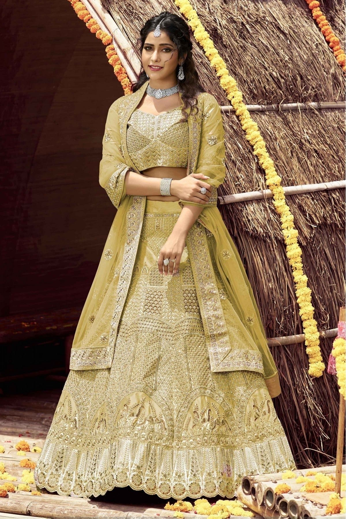 Green Colour Velvet Resham Work Lehenga Choli LC1080130