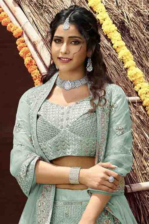 Green Colour Velvet Resham Work Lehenga Choli LC1080132 A