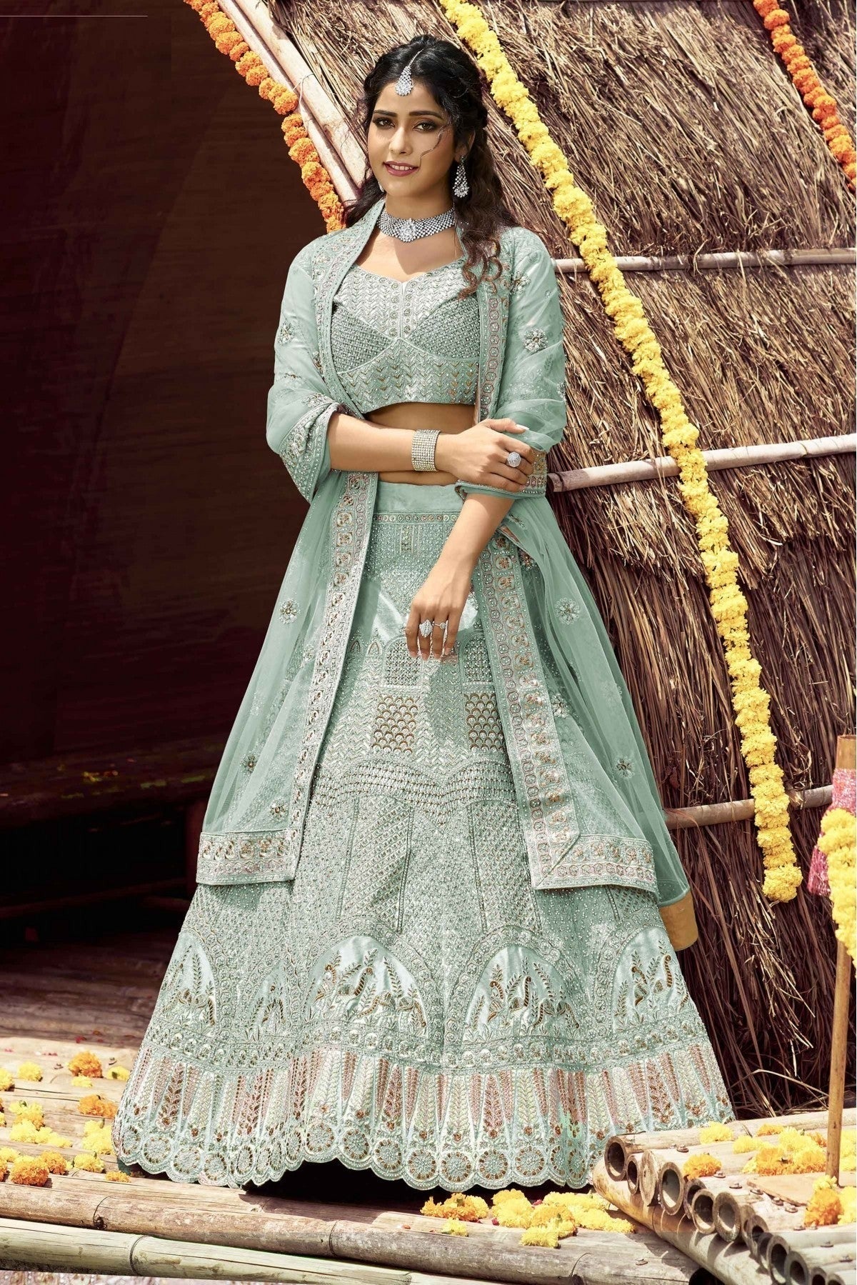 Green Colour Velvet Resham Work Lehenga Choli LC1080132