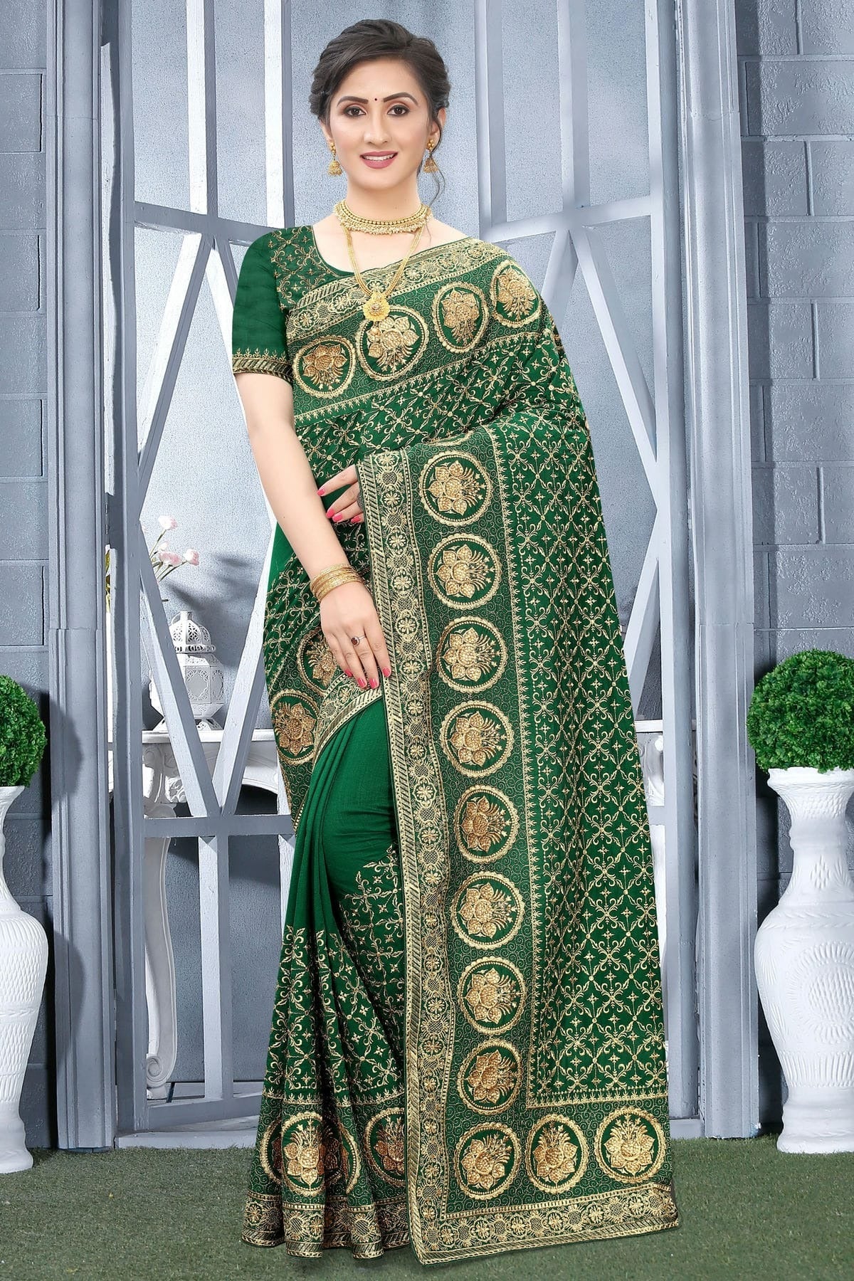 Green Colour Vichitra Bloming Silk Designer Saree SD1091071
