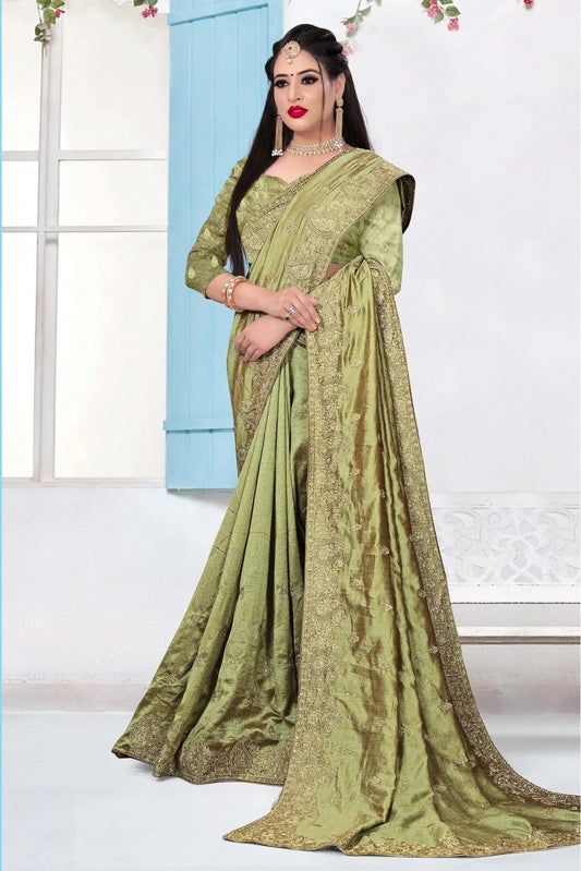 Green Colour Vichitra Silk Embroidery Saree SD1090151