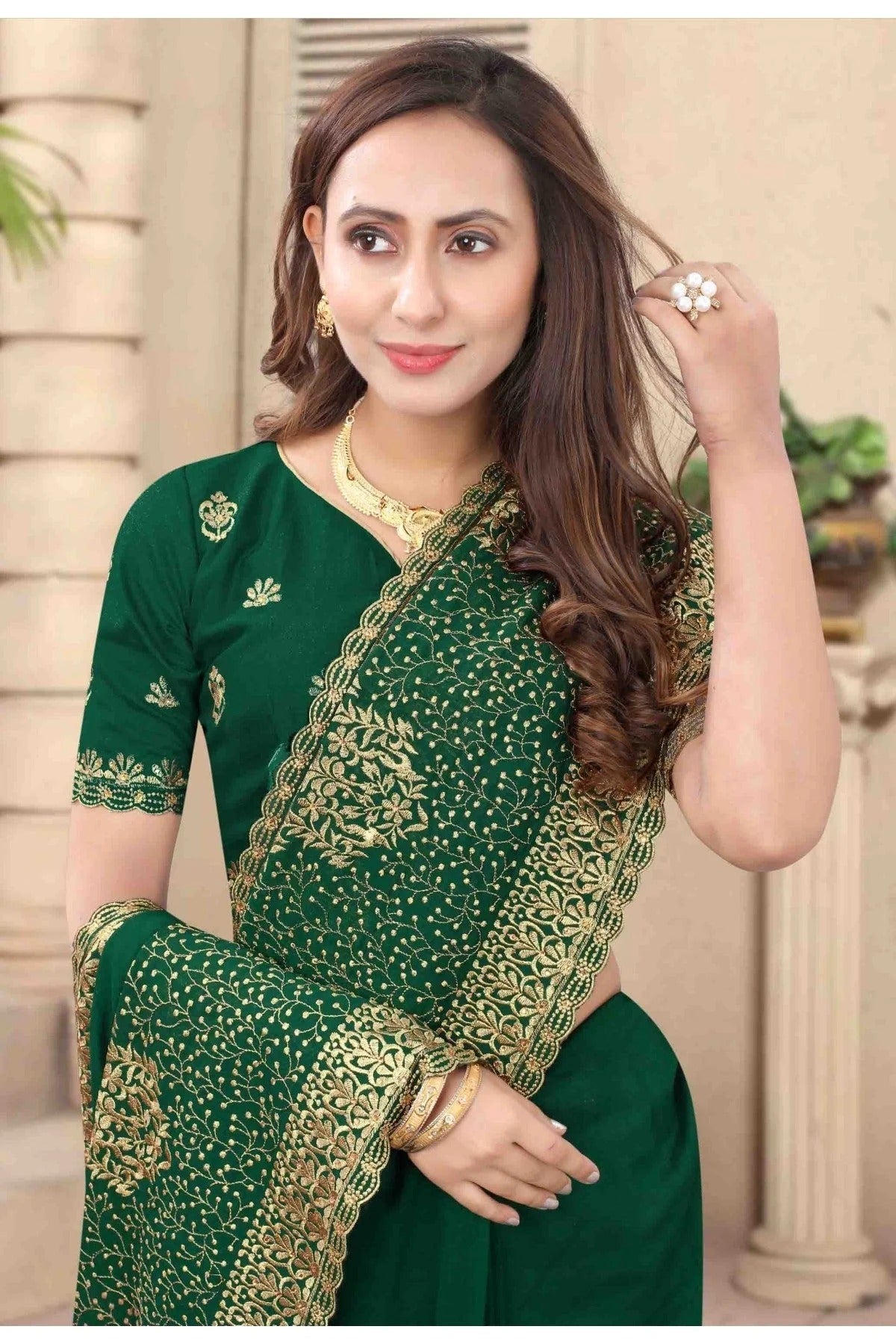 Green Colour Vichitra Silk Embroidery Saree SD1120682 A