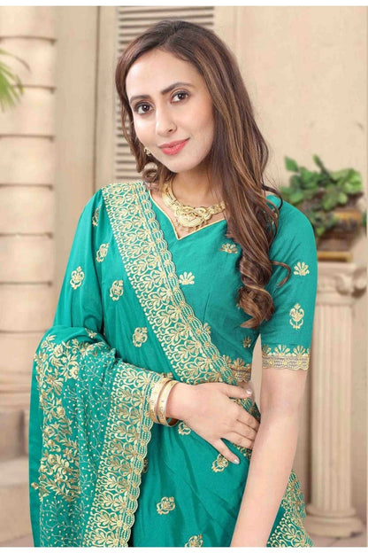 Green Colour Vichitra Silk Embroidery Saree SD1120684 A