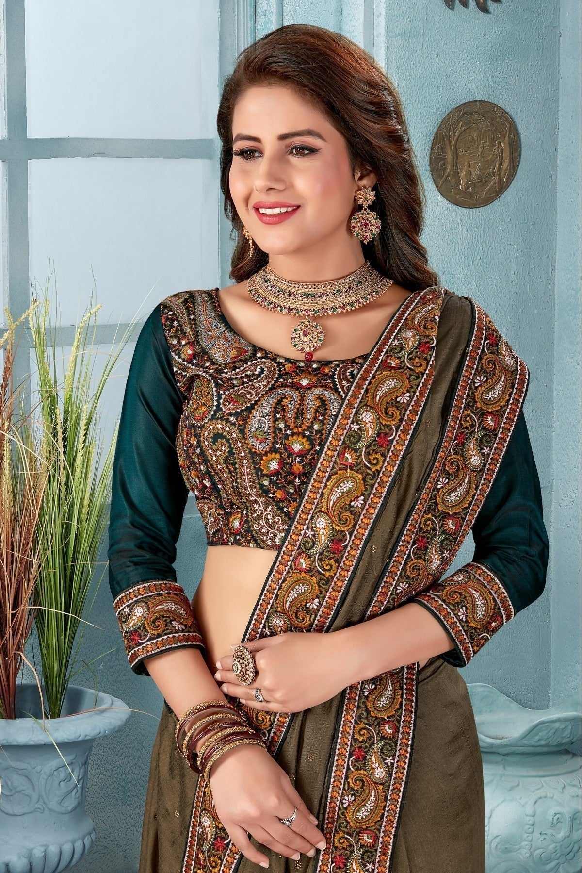 Green Colour Vichitra Silk Embroidery Saree SD1120821 A