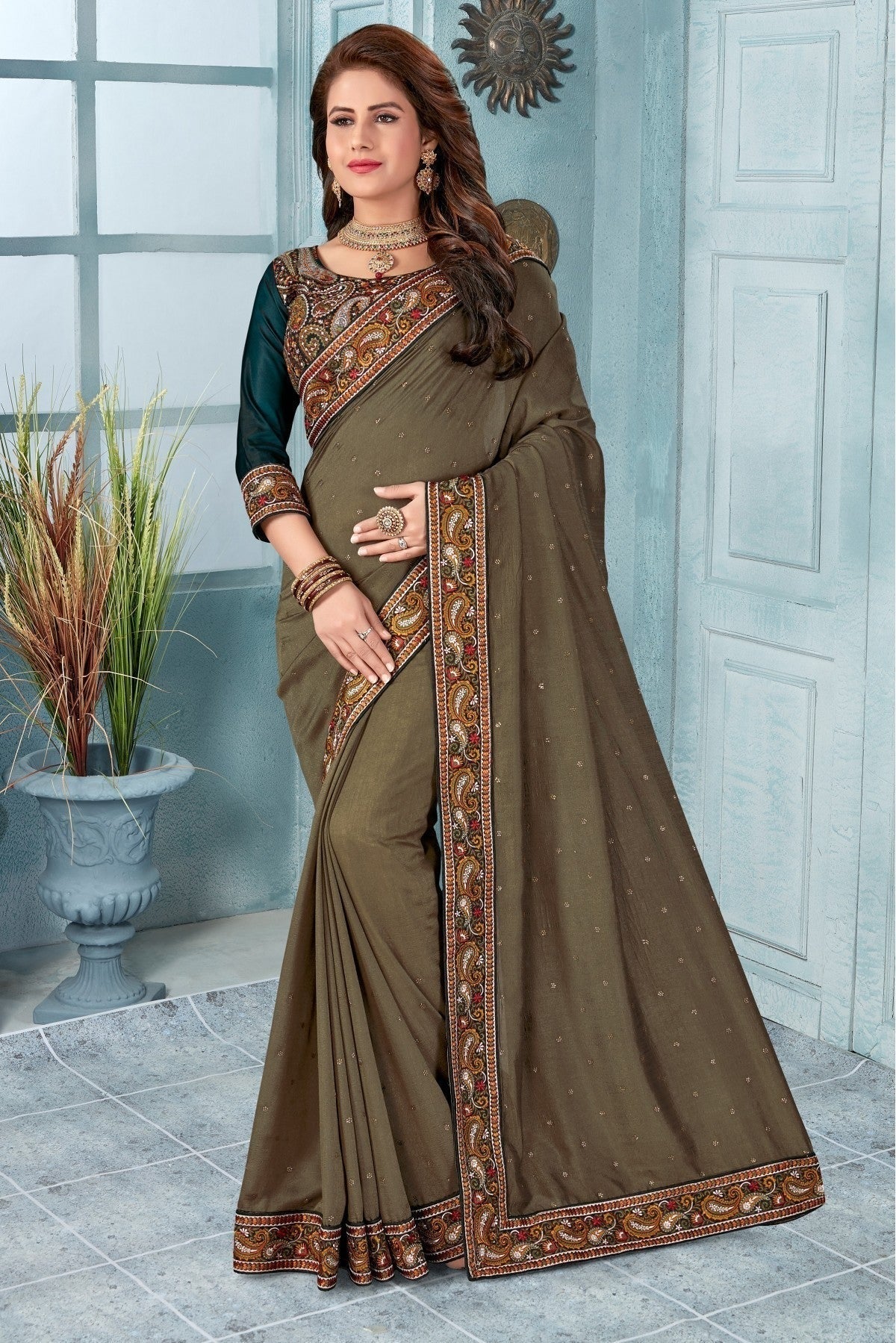 Green Colour Vichitra Silk Embroidery Saree SD1120821