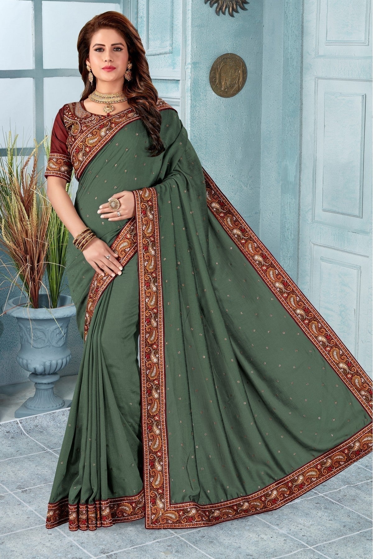 Green Colour Vichitra Silk Embroidery Saree SD1120825